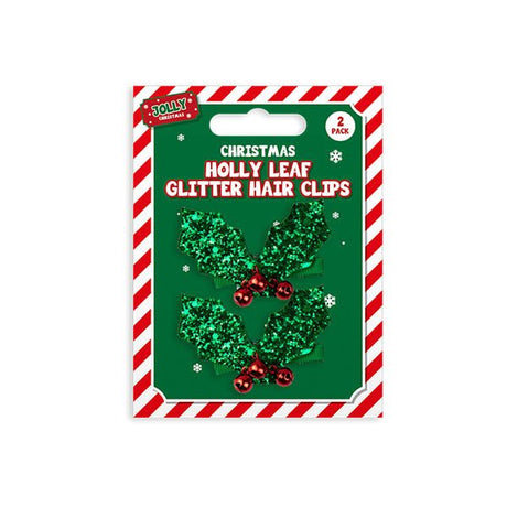 Holly Leaf Glitter Hair Clips 2 Pack - EuroGiant