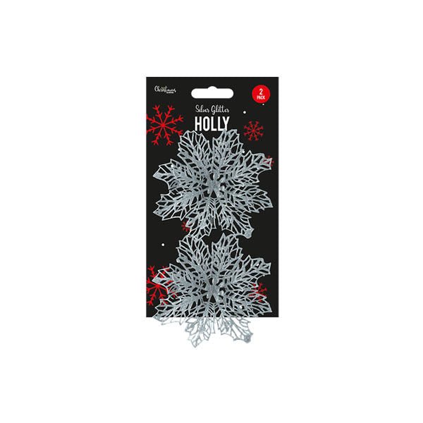 Silver Glitter Holly Decoration 2 Pack - EuroGiant
