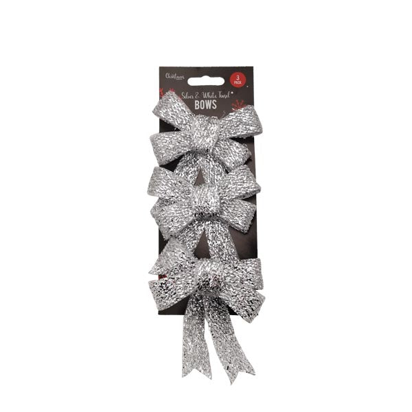 Silver & White Tinsel Bows 3 Pack - EuroGiant