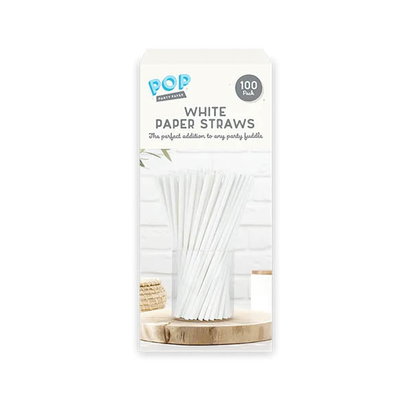 Pop Party White Paper Straws 100 Pack