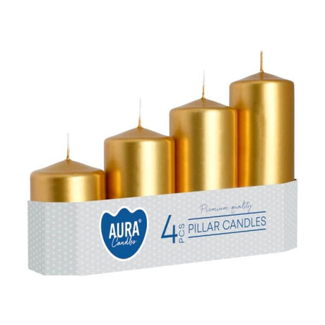 Aura Pillar Candles Gold Metalic 4 Pack - EuroGiant