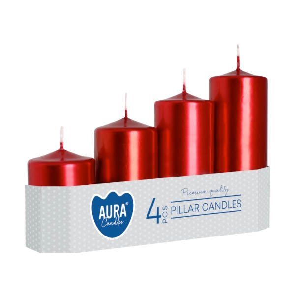 Aura Pillar Candles Red Metalic 4 Pack - EuroGiant