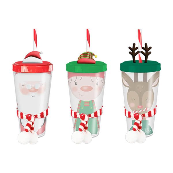 Festive Re - usable Plastic Cup With Straw - EuroGiant