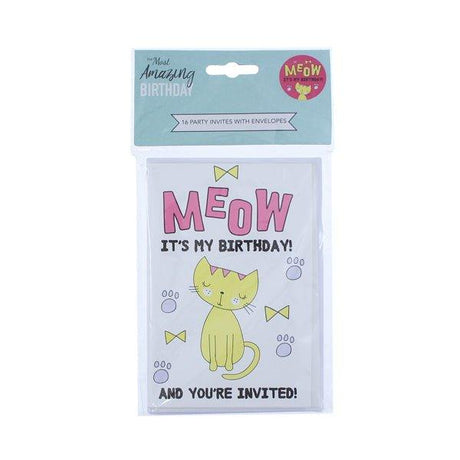 Amazing Birthday Party Invites Meow 16 Pk - EuroGiant