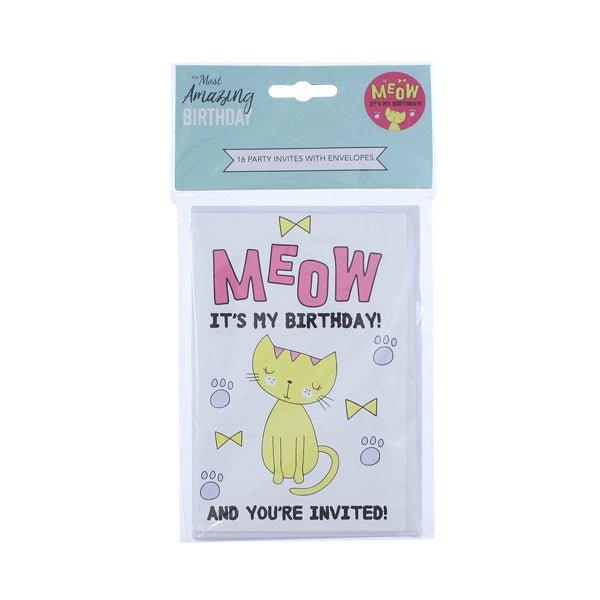 Amazing Birthday Party Invites Meow 16 Pk - EuroGiant