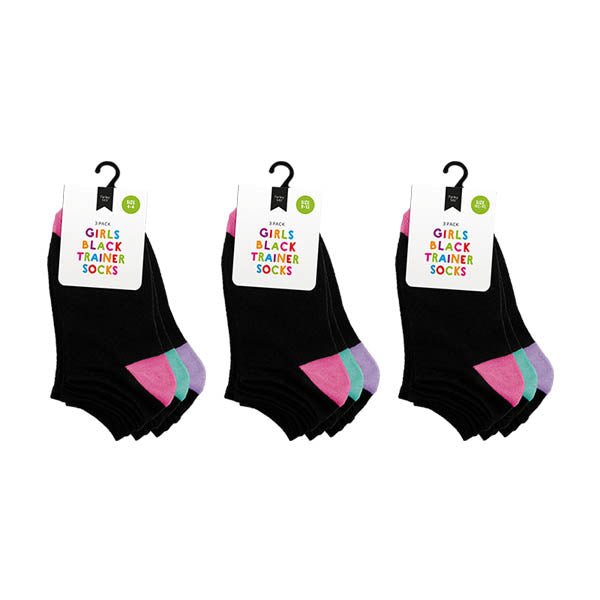 Girls Black Trainer Socks 3 Pack - EuroGiant