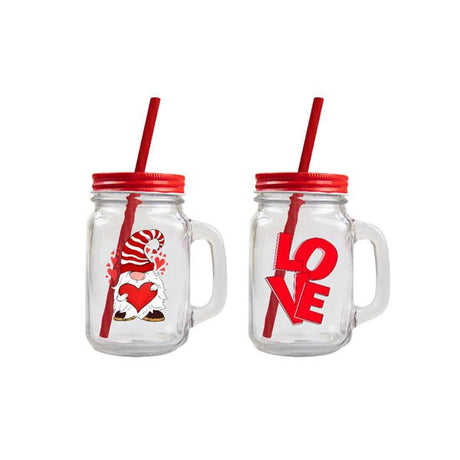 Valentines Mason Jar With Straw 450ml - EuroGiant